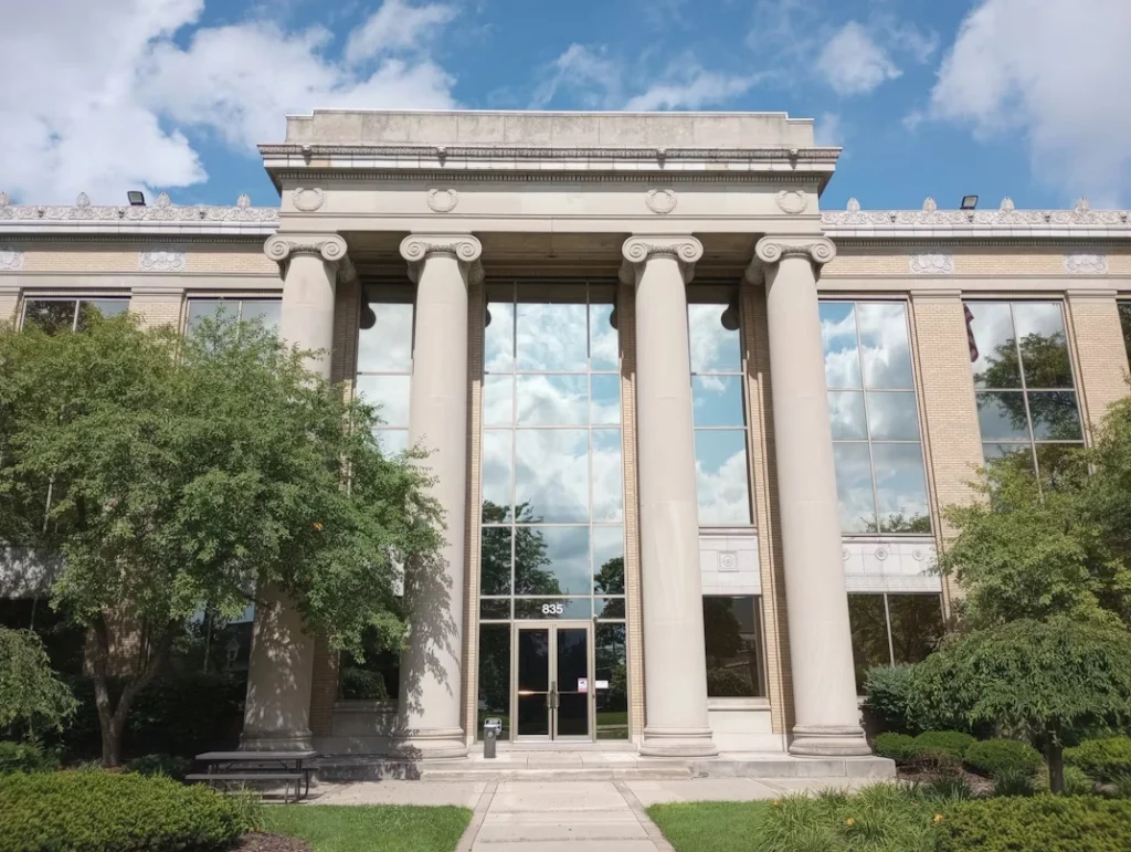 A large building with columns and a clock tower