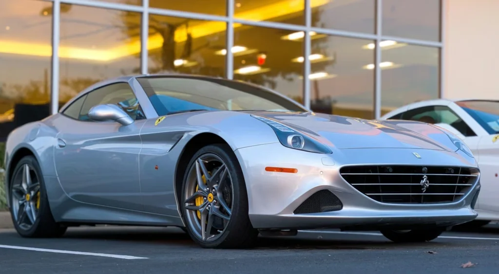 Silver Ferrari California in front of in office building's wall-to-ceiling windows during sunset