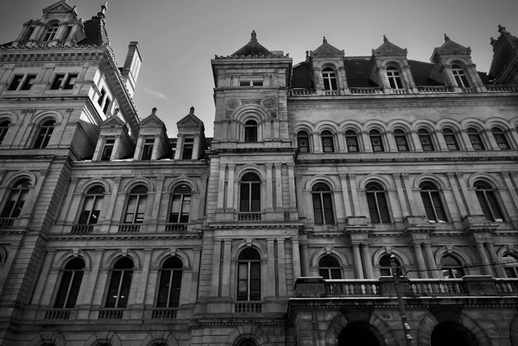 Black and white photo of the iconic New York State Capitol, Albany