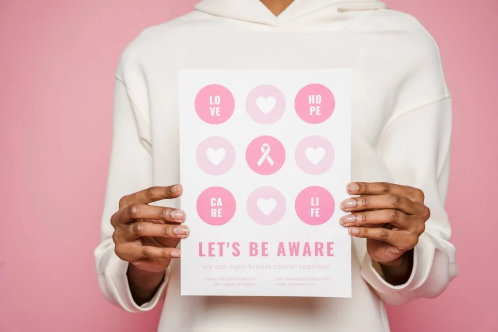 Poster advocating breast cancer awareness with positive messages and symbols