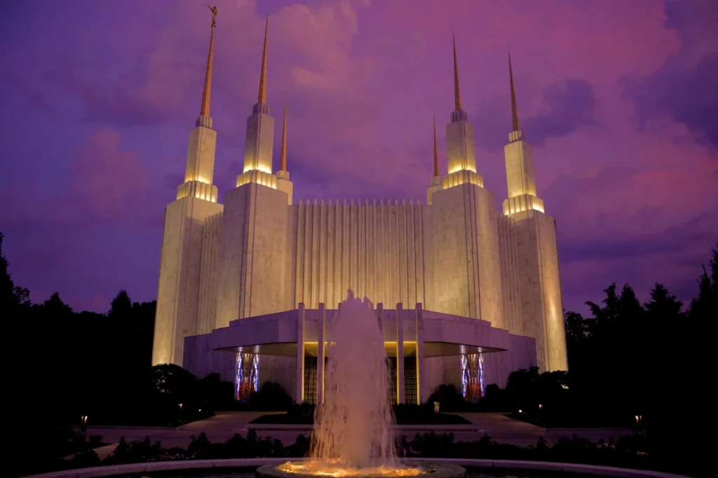 The Washington DC Temple during a summer sunset