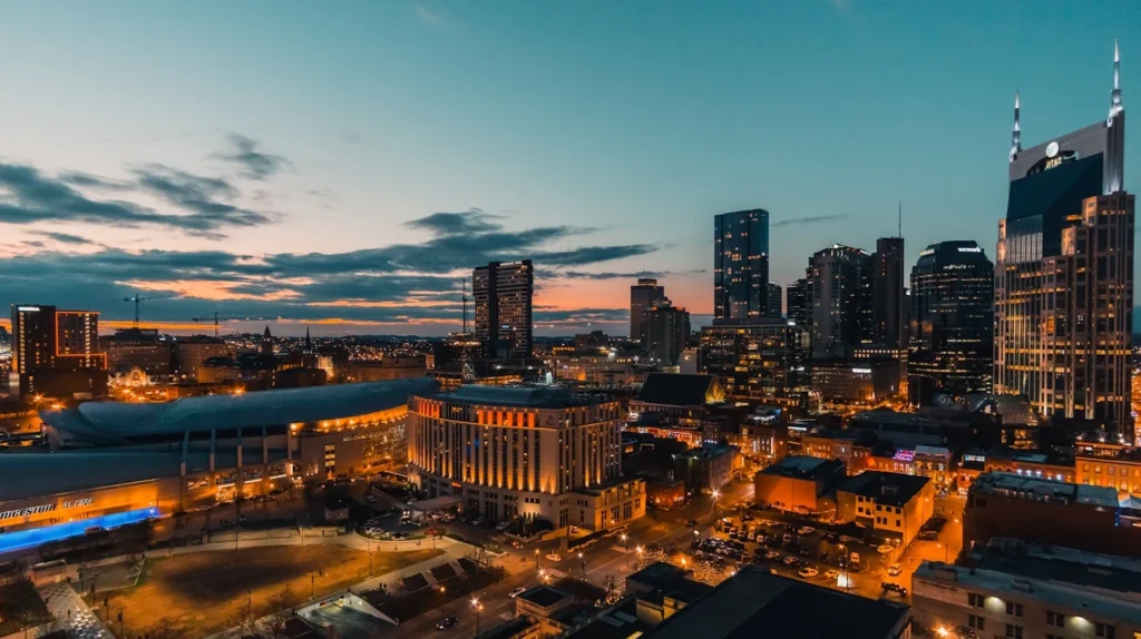 Nashville skyline, city lights during dawn