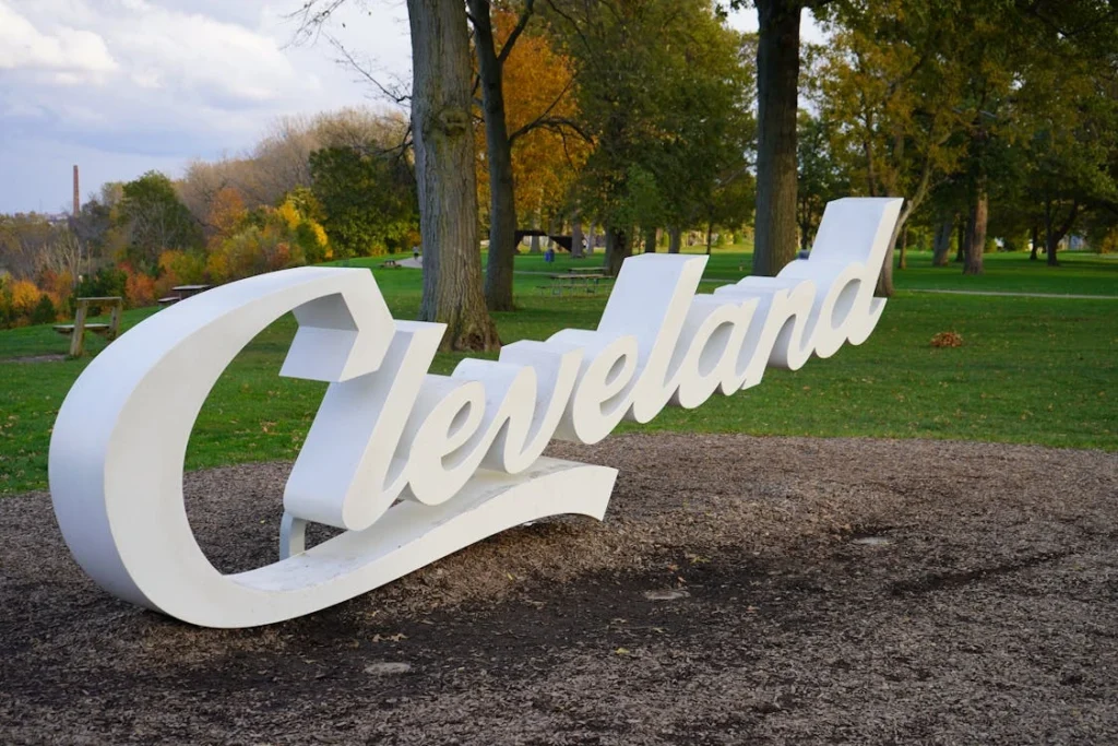 Autumn view of the Cleveland sign in scenic Edgewater Park