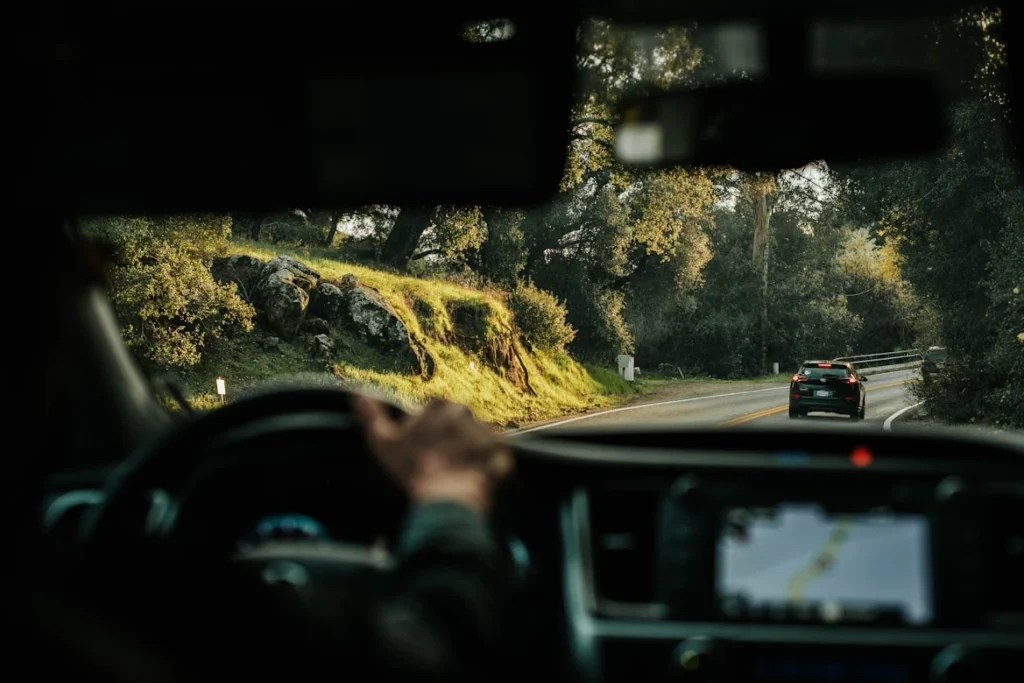 A sunlit hillside shot over the car dashboard.